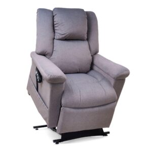 The MaxiComfort Series Day Dreamer Power Lift Recliner is a gray upholstered chair featuring padded armrests and a side-attached remote control.