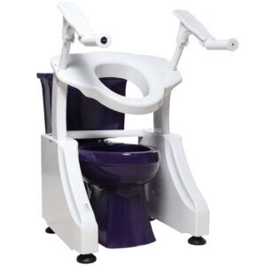 White and purple assisted toilet unit with arm supports and an elevated seat, designed for accessibility and comfort.