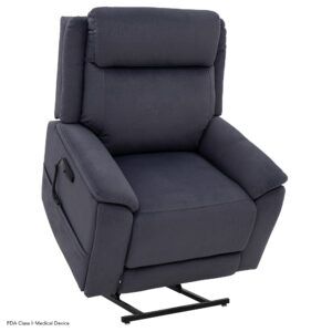 A dark gray upholstered Evolution Lift Chair features padded armrests and a metal support base that extends to assist with standing.