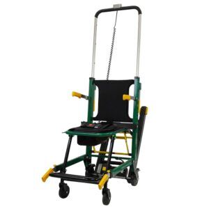 The Helix Mobile Stairlift is a foldable green emergency evacuation chair with a black seat, yellow handles, and wheels for easy transport.