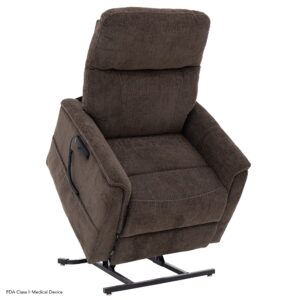 The Genesis Lift Chair features rich brown upholstery and sits semi-upright on a sleek black metal base.