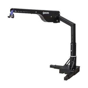 The Harmar Low Profile Hoist Lift (AL215) in black, featuring an adjustable arm with a hook attachment, pairs seamlessly with the Harmar AL055 base for a secure and efficient lift experience.