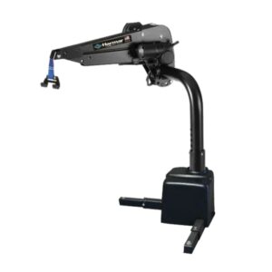 The Harmar Premium Inside Lift (AL435) features a sleek black mechanical lift arm with a base, showcasing the word Harmar. It includes a durable blue strap at the end, exemplifying both functionality and style.
