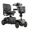 Four-wheel mobility scooter with a black seat, basket on front, and all-terrain tires.