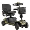 A camouflage-patterned mobility scooter with a padded seat, armrests, and a front basket.