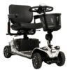 Four-wheeled mobility scooter with a black seat, front basket, and camo-patterned exterior.