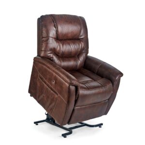 The Dione Lift Chair is a brown leather recliner featuring a visible side pocket and metal lift mechanism, positioned at a slight angle.