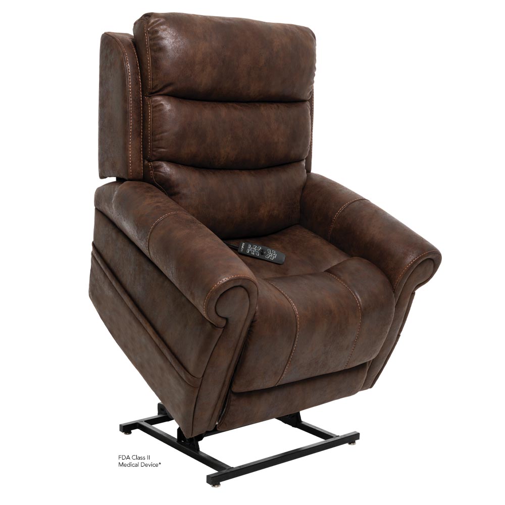 The VivaLift! Tranquil 2 Lift Chair, in brown leather, features an electric lift mechanism and a remote control on the seat, shown here in a partially raised position.