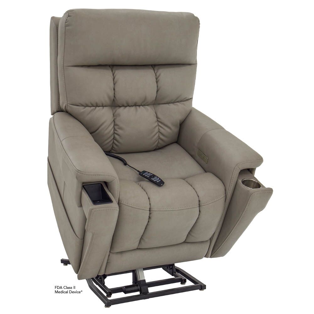 The VivaLift! Ultra Lift Chair, shown in gray upholstery with padded arms, cup holders, side pocket, and remote control on the seat, is pictured in a partially elevated lift position.