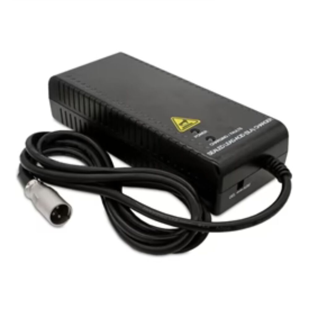 The Battery Charger for Baja Raptor 2 (8A) is black, features a cooling vent, power switch, and attached cable with a metal connector, shown on a white background.