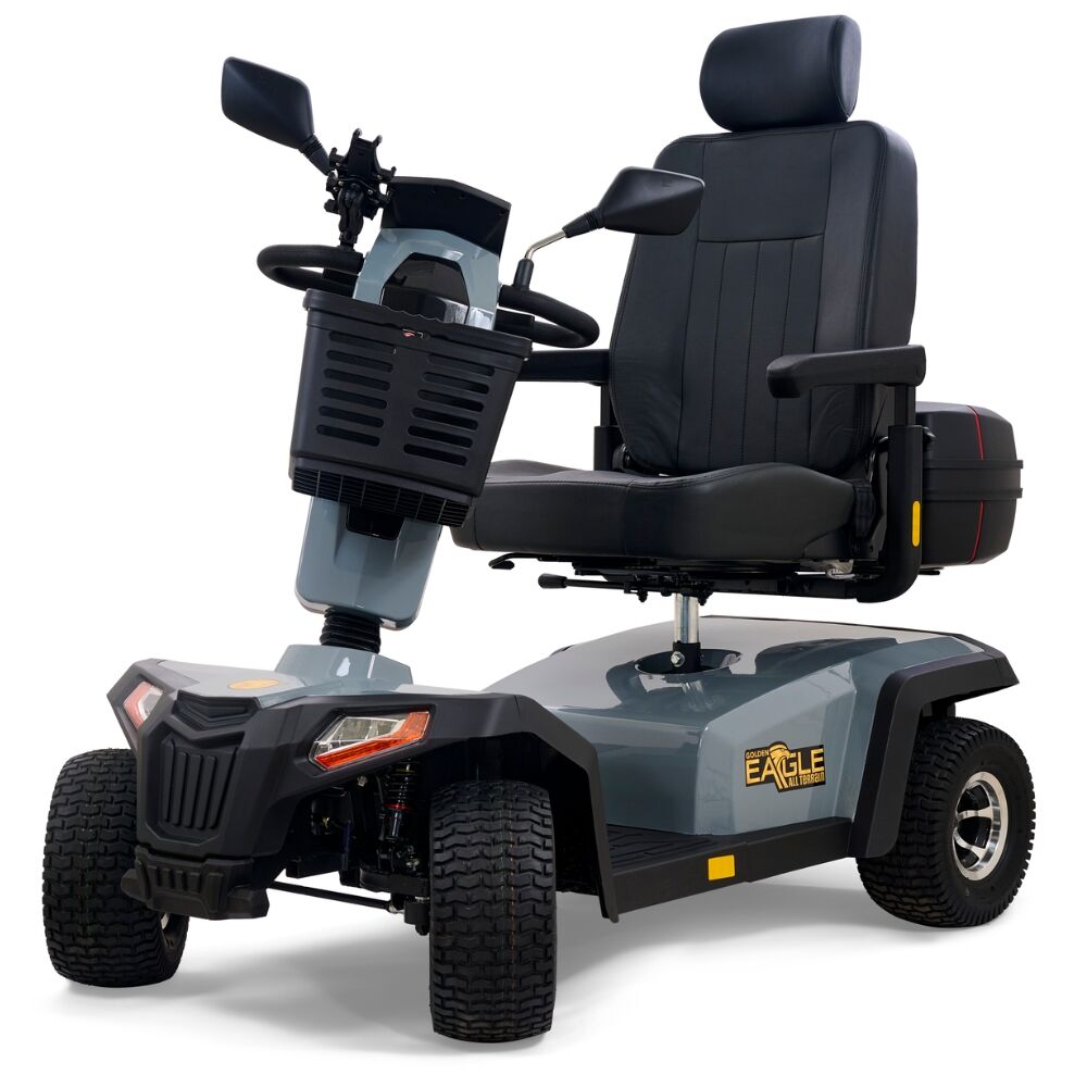 The Eagle All-Terrain Scooter is a four-wheeled mobility scooter featuring a padded seat, armrests, handlebars, front basket, and rear storage compartment, with "EAGLE" displayed on the side.