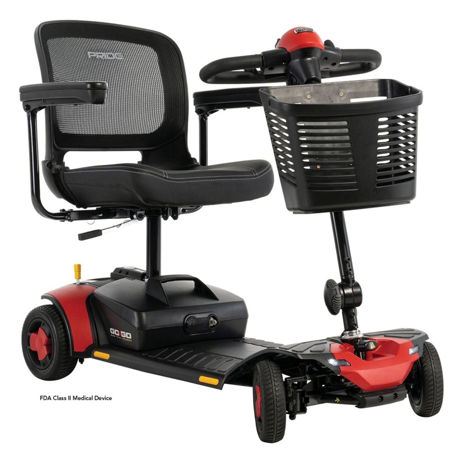 A red and black Go Go Elite Traveller Gen 3 Scooter with four wheels, a mesh back seat, and a front basket.