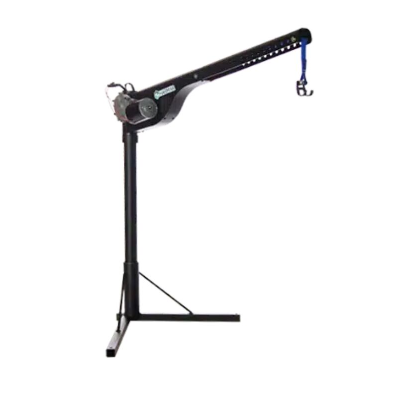 The Harmar Economy Inside Lift (AL055) is a sleek black crane with a long horizontal arm and a blue hook. Its expertly mounted on a vertical post with a sturdy tripod base, ensuring reliable and efficient performance for all your lifting needs.