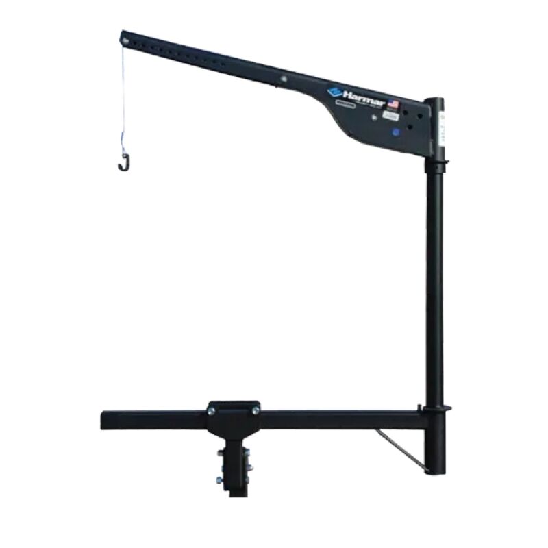 The Harmar Universal Inside-Outside Lift (AL065) incorporates a single-arm design with a hook, mounted seamlessly on a vertical post attached to a sturdy base.