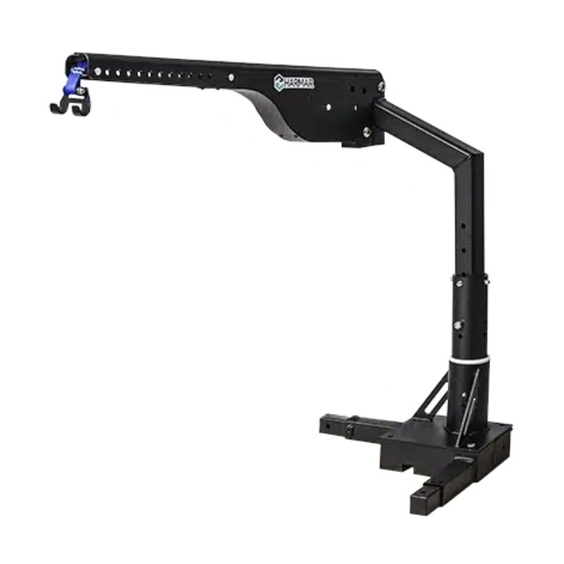 The Harmar Low Profile Hoist Lift (AL215) in black, featuring an adjustable arm with a hook attachment, pairs seamlessly with the Harmar AL055 base for a secure and efficient lift experience.