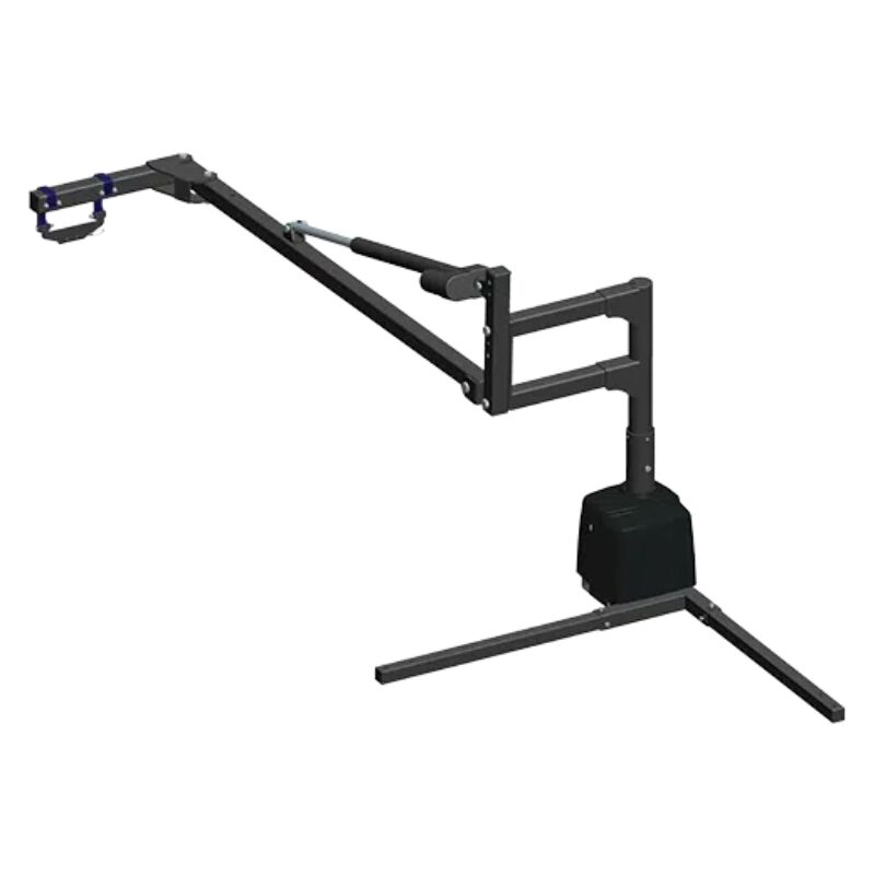 The Harmar 225 Speed Lift (AL825) is a sleek, black mechanical arm with adjustable joints, a tripod mount, and an end clamp, ideal for use as a scooter lift for trucks.