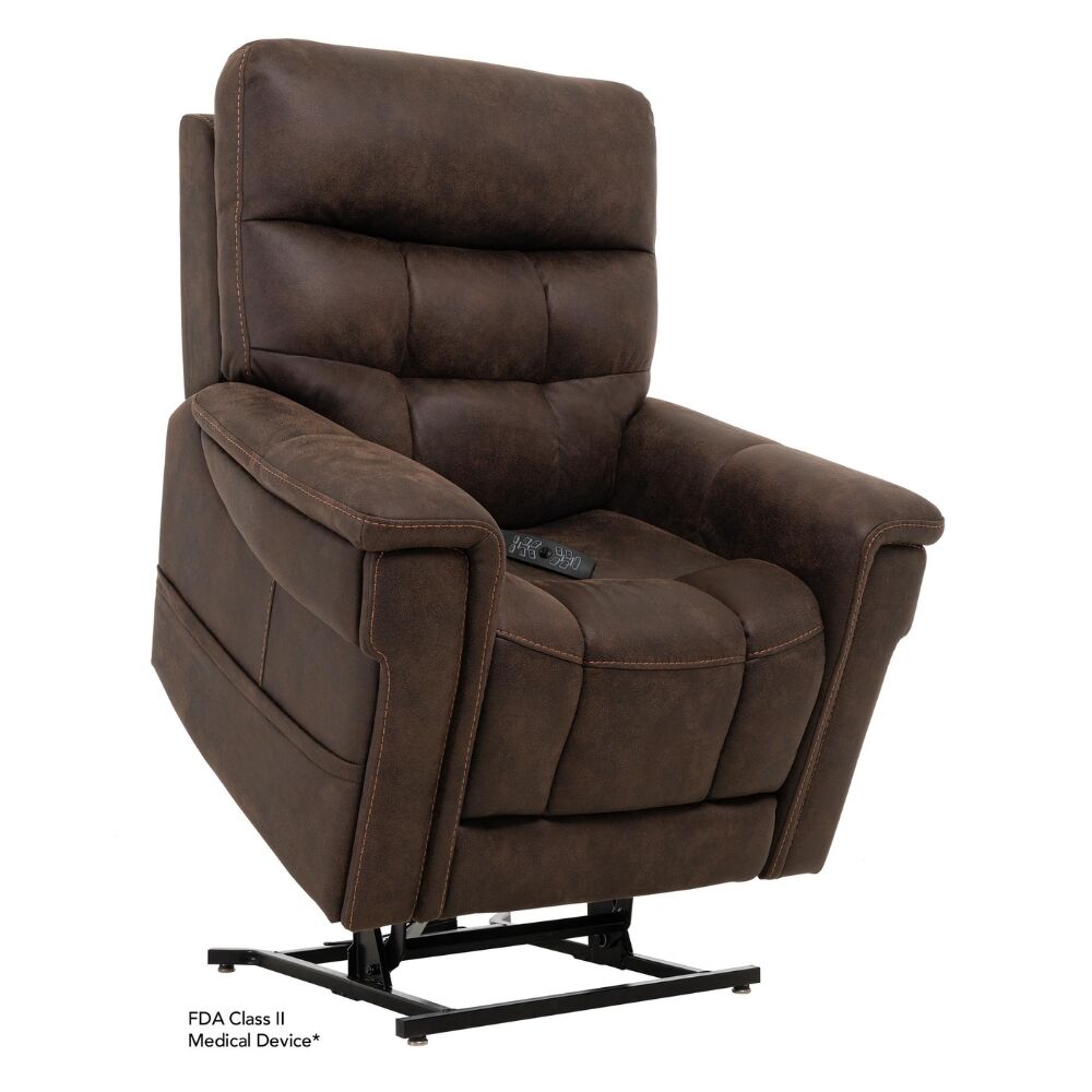 The VivaLift! Radiance Lift Chair is a brown leather power lift recliner with padded armrests and a remote control, shown here partially lifted.