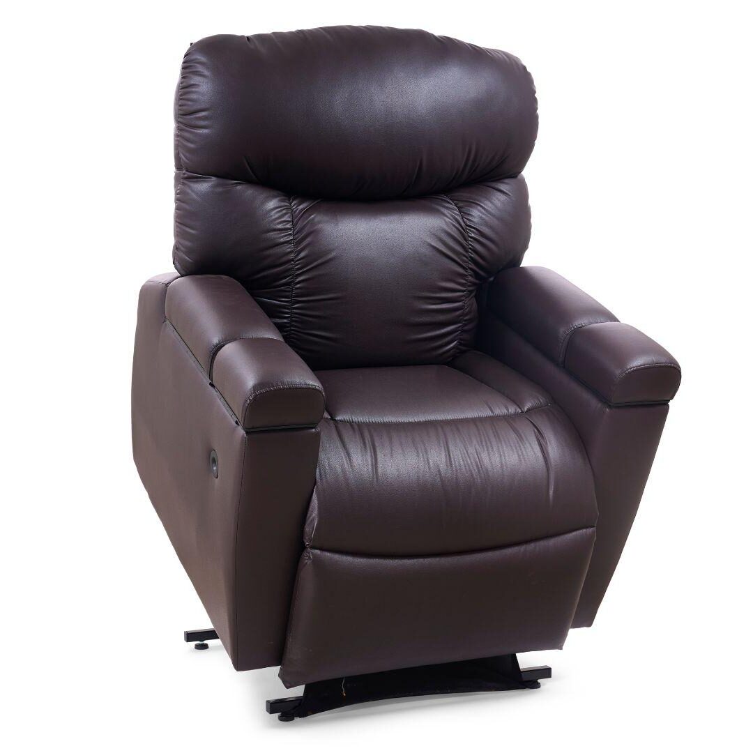 The Cloud+ Lift Chair, a dark brown leather recliner featuring padded armrests and a cushioned backrest, is displayed against a plain white background.