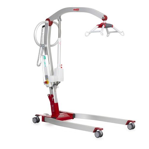 A patient lift with a sturdy metal frame, wheels, and a sling attachment point, designed for assisting in lifting and moving individuals.