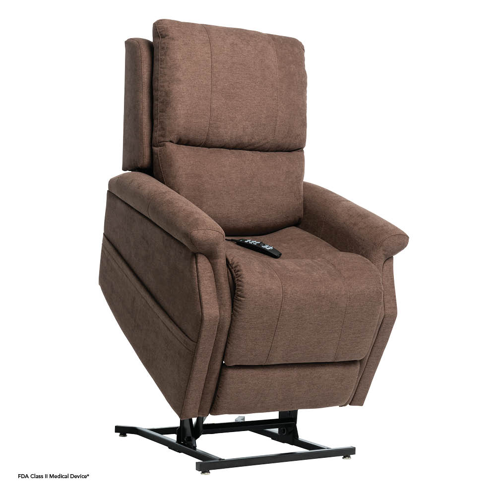 The VivaLift! Metro 2 Lift Chair, shown in a raised position, features brown upholstery and a wired remote control resting on the right armrest.