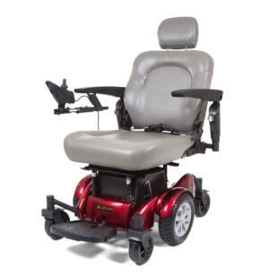 front view of red Compass Sport power wheelchair with foot rest
