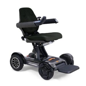 The Ally Sport Power Wheelchair is a sleek black electric wheelchair featuring four large wheels, a raised seat, armrests, and a footrest, designed to assist with mobility.