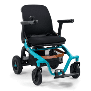 The Ally Power Wheelchair is a modern, lightweight electric wheelchair featuring a turquoise frame, black seat cushion, joystick control on the armrest, and four wheels.
