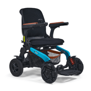 The Ally Pro Power Wheelchair is a modern, lightweight electric wheelchair featuring a black seat, blue frame, four wheels, armrests, and a mesh storage basket under the seat.