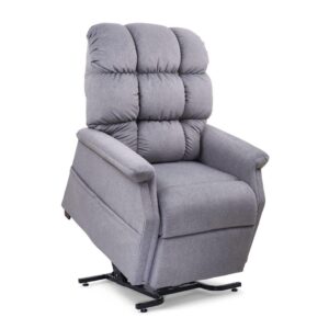 The Cambridge Lift Chair is a light gray upholstered recliner with padded cushions and armrests, shown in a partially elevated position.