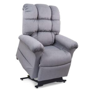 The Cloud Lift Chair is a gray upholstered recliner inspired by the EZ Sleeper with Twilight, featuring padded armrests and backrest, set on a partially elevated mechanical base for enhanced comfort.