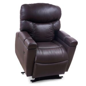 The Cloud+ Lift Chair, a dark brown leather recliner featuring padded armrests and a cushioned backrest, is displayed against a plain white background.