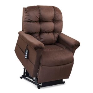 The Cloud with Twilight Lift Chair is a brown upholstered power lift recliner featuring a button-tufted backrest and a remote control attached to the side.