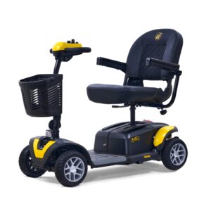 The BuzzAround EX 4-Wheel Scooter is a sleek black and yellow motorized mobility scooter with a padded seat, armrests, and a front basket, all set against a pristine white background.