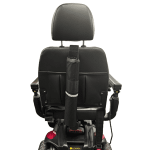 Golden Tech Tube Cane Holder viewed from behind, showing a sleek black seat with armrests and a cylindrical storage bag attached.