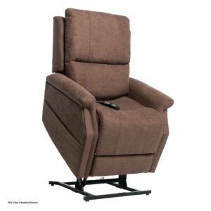 The VivaLift! Metro 2 Lift Chair, shown in a raised position, features brown upholstery and a wired remote control resting on the right armrest.