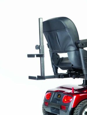 Golden Tech Quad Cane Holder mounted on a red mobility scooter featuring a black seat and attached metal bracket.