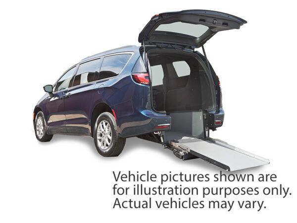 White Chrysler Pacifica with Driverge Rear Entry Manual Fold Out conversion
