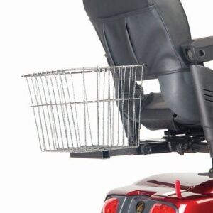 The rear view displays a Golden Tech Rear Basket attached to the back of a mobility scooter, revealing part of the black seat and red scooter body.