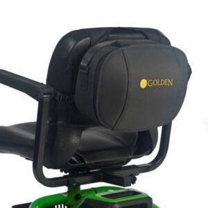 Close-up of a black scooter seat with a Golden Tech Universal Travel Case on the backrest. The scooter is partially visible, featuring a green base and armrest.