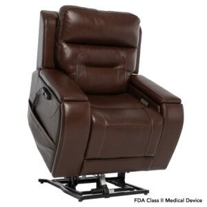 The VivaLift! Premier Lift Chair is a brown leather reclining chair with electronic controls, a lift mechanism, and can be angled. It is labeled as an FDA Class II medical device.