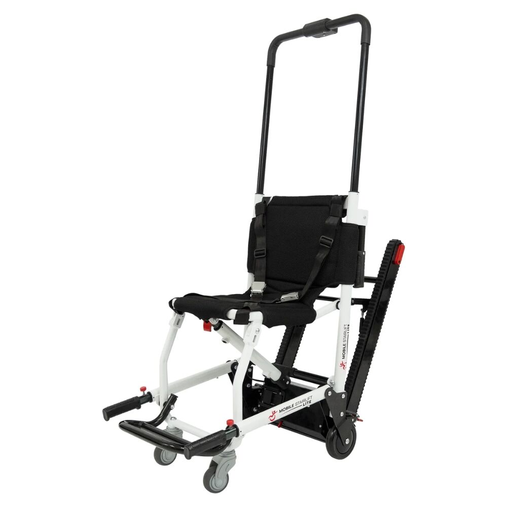 The LITE Mobile Stairlift, with a black seat, safety harness, stair tracks, sturdy handlebar, and four wheels, ensures smooth and safe transitions for all users.