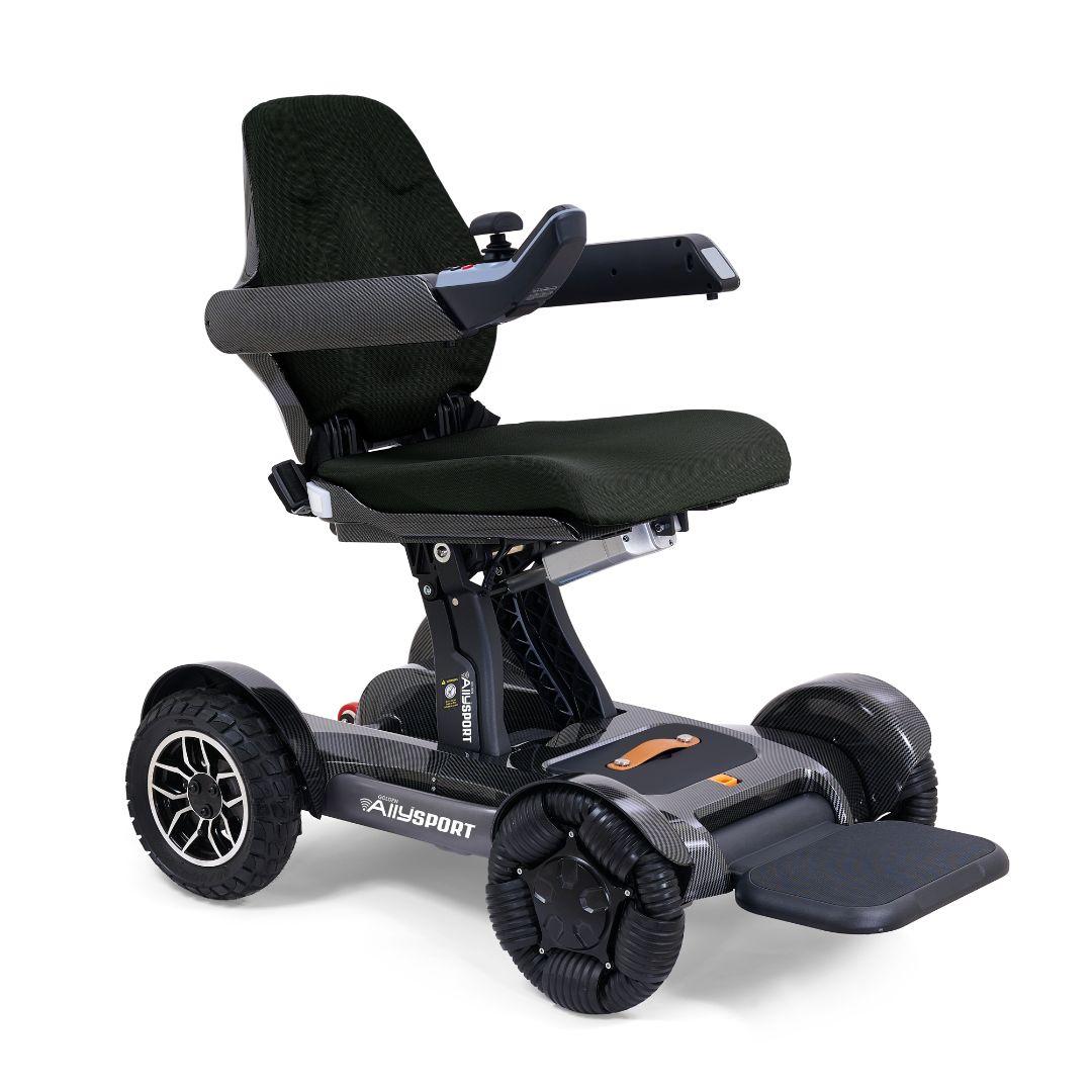The Ally Sport Power Wheelchair is a sleek black electric wheelchair featuring four large wheels, a raised seat, armrests, and a footrest, designed to assist with mobility.