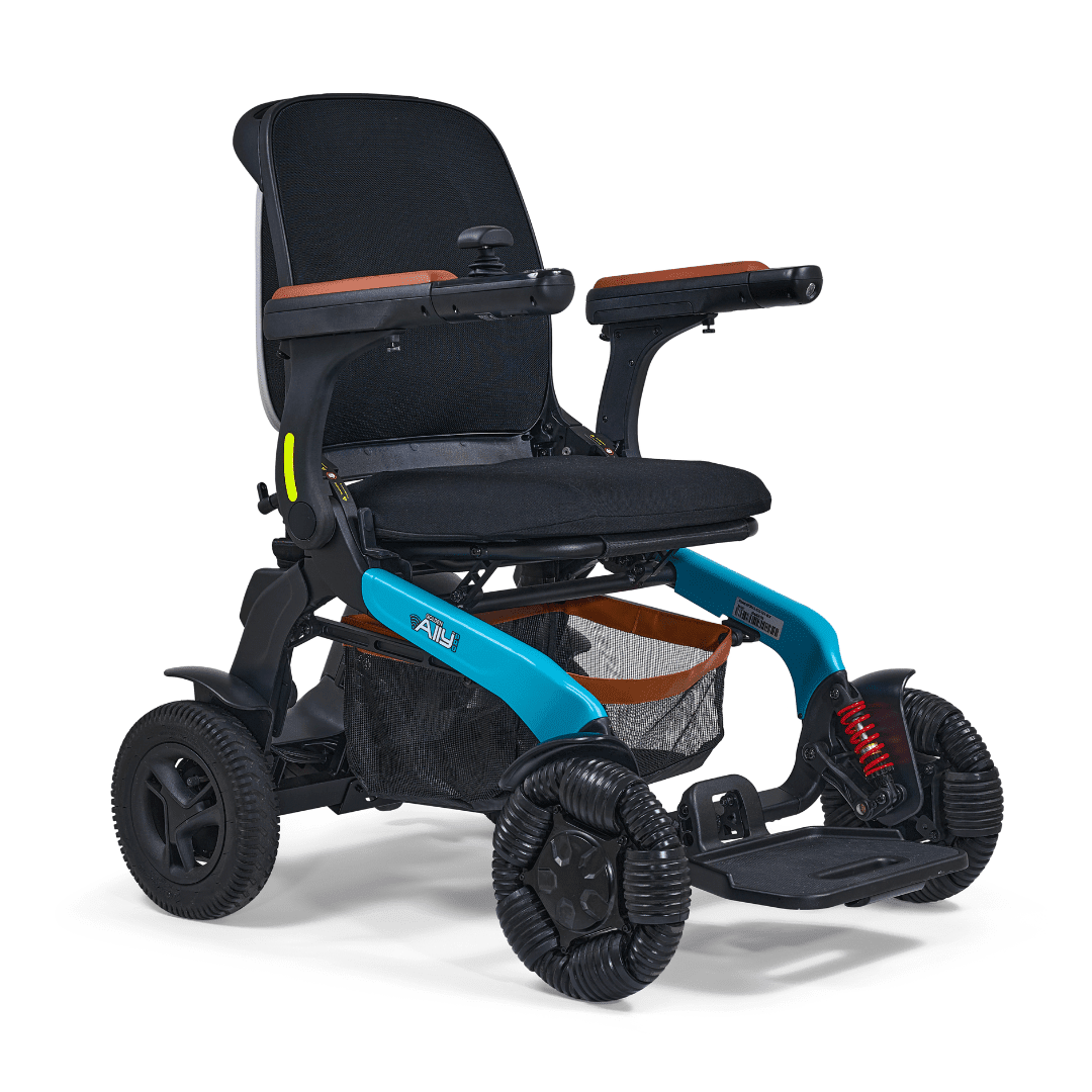 The Ally Pro Power Wheelchair is a modern, lightweight electric wheelchair featuring a black seat, blue frame, four wheels, armrests, and a mesh storage basket under the seat.