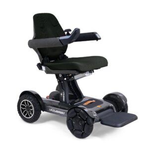 The Ally Sport Power Wheelchair is a sleek black electric wheelchair featuring four large wheels, a raised seat, armrests, and a footrest, designed to assist with mobility.