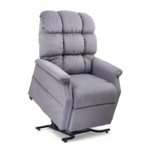 The Cambridge Lift Chair is a light gray upholstered recliner with padded cushions and armrests, shown in a partially elevated position.