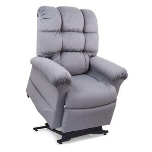 The Cloud Lift Chair is a gray upholstered recliner inspired by the EZ Sleeper with Twilight, featuring padded armrests and backrest, set on a partially elevated mechanical base for enhanced comfort.