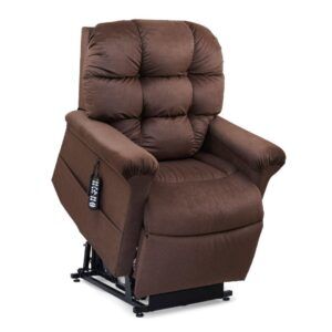 The Cloud with Twilight Lift Chair is a brown upholstered power lift recliner featuring a button-tufted backrest and a remote control attached to the side.